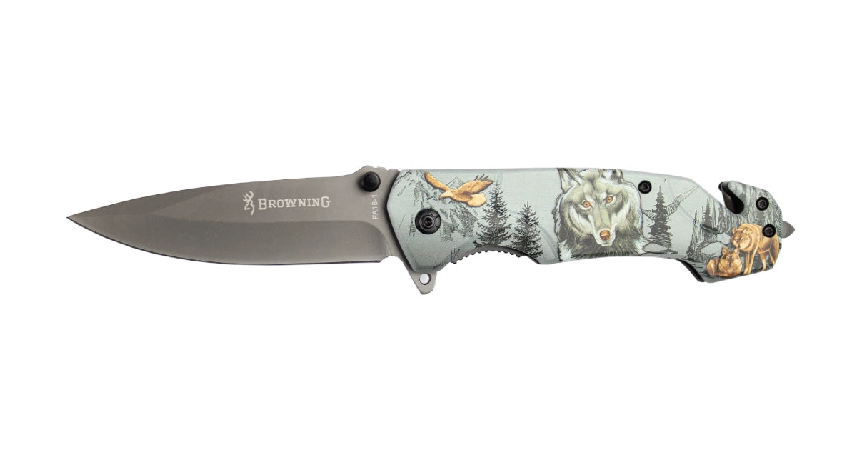 Brown tactical folding knife with rope cutter